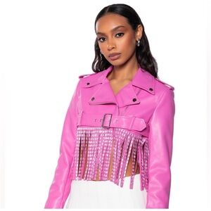AKIRA Vibrant Pink Leather Jacket with embellished Fringe tagged XL fits more Lg